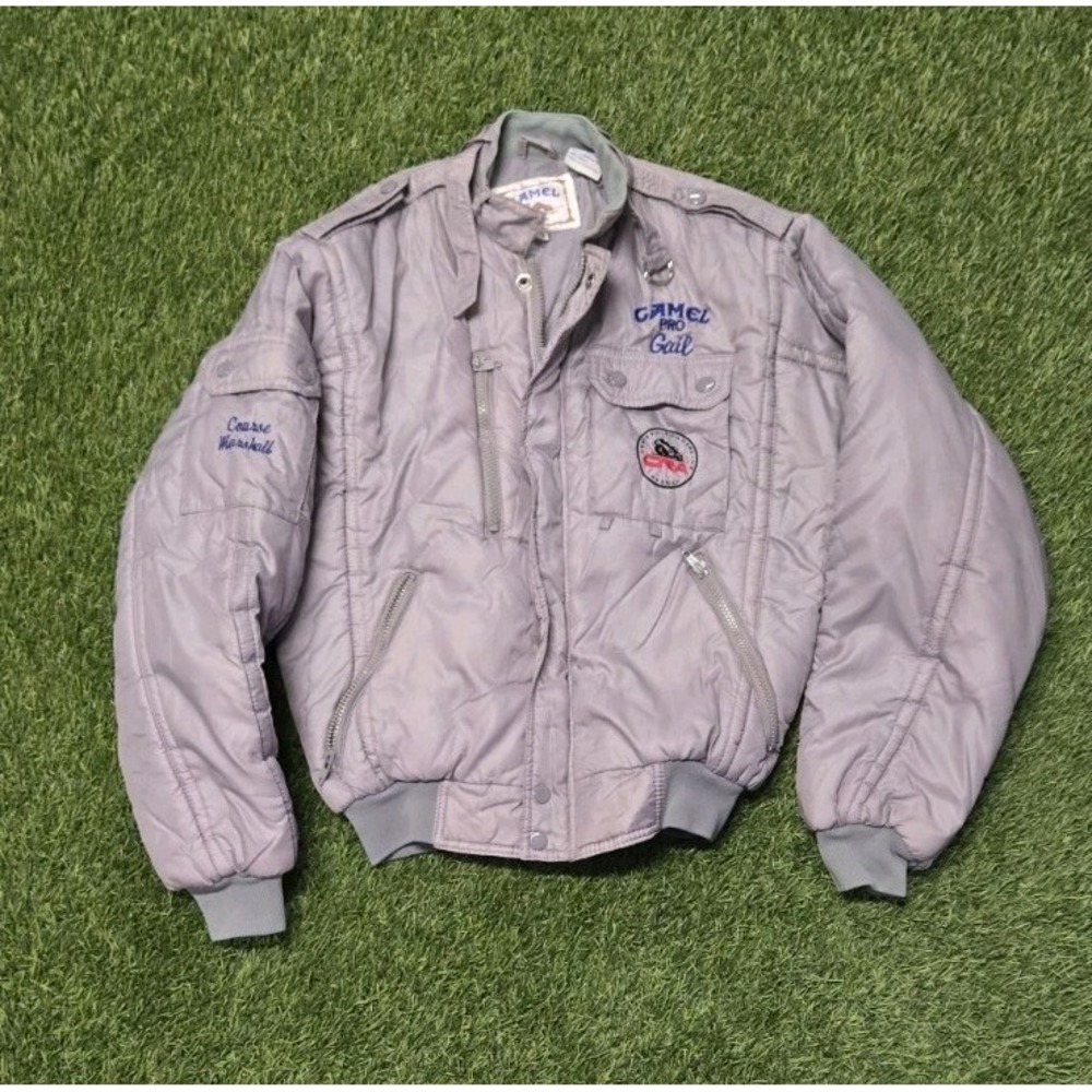 Vtg 80s Camel Gear Pro Racing Pit Jacket CRA Central Roadracing Marshall Sz XS
